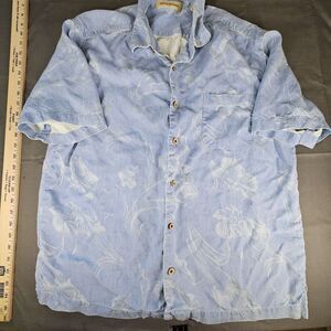 Tommy Bahama Mens Silk Hawaiian Aloha button Shirt Lt Blue white Floral Size L